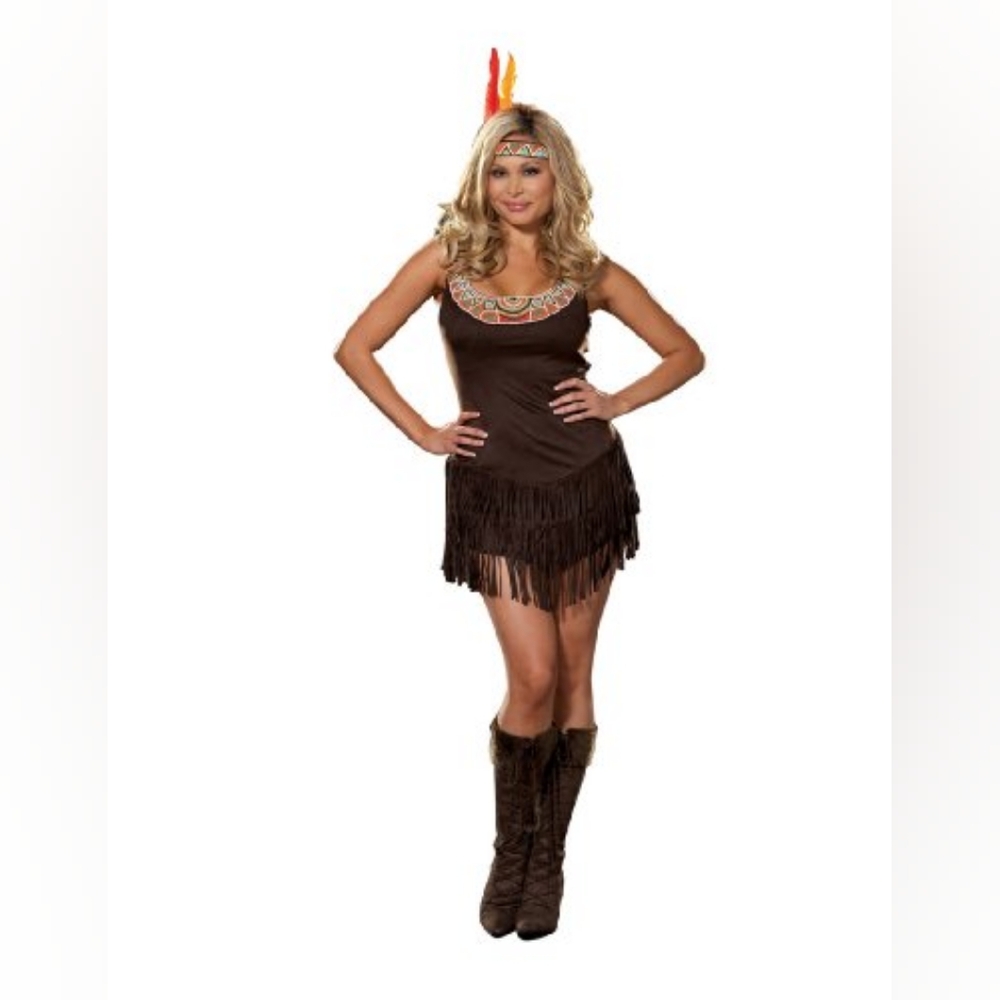 Dreamgirl Brown Fringe Dress with Embroidered Neckline And Headband "Pocahottie"
